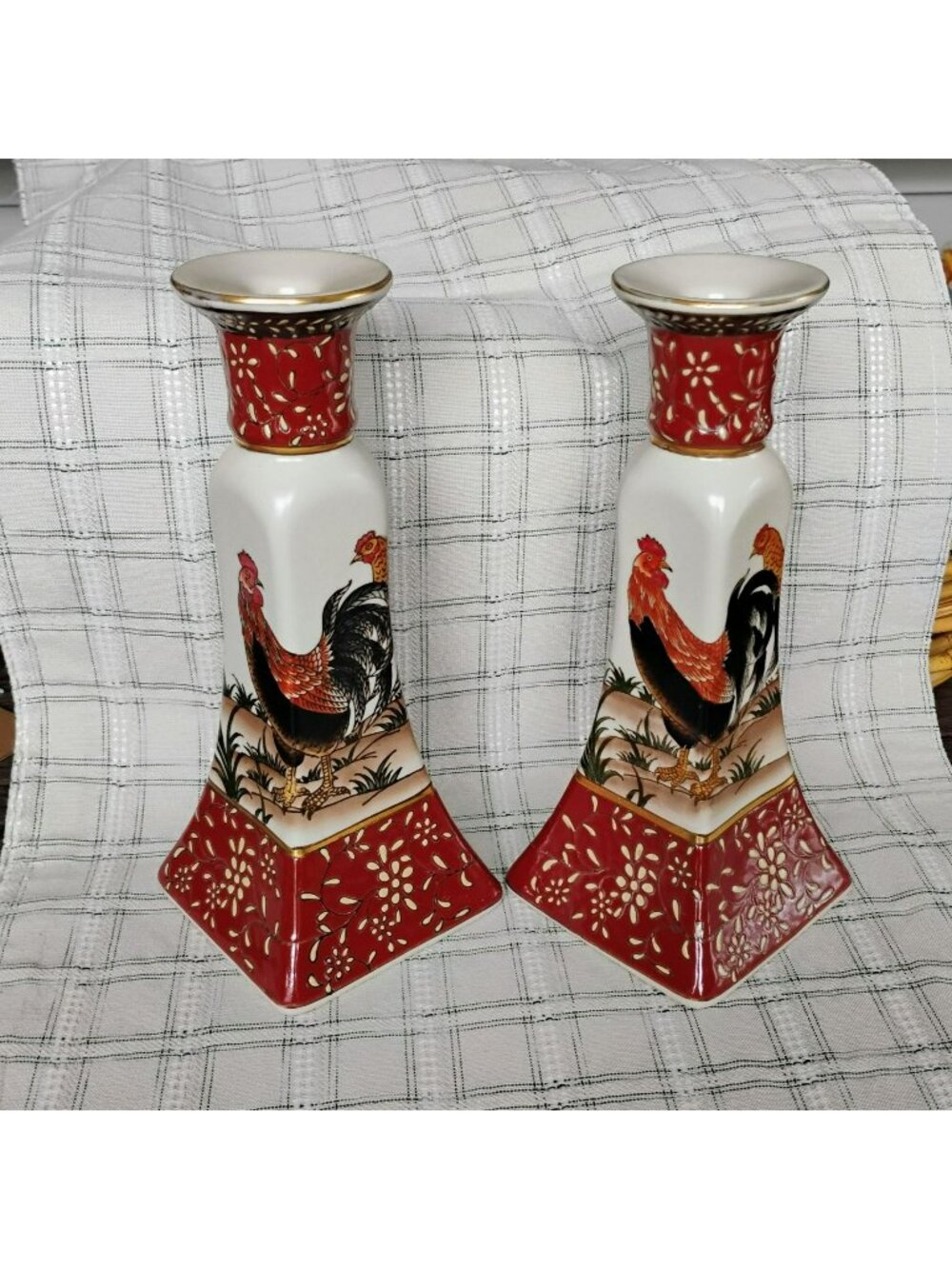 Vintage Signature Home Collection Rooster Candlesticks Pair 9" Ceramic Farmhouse